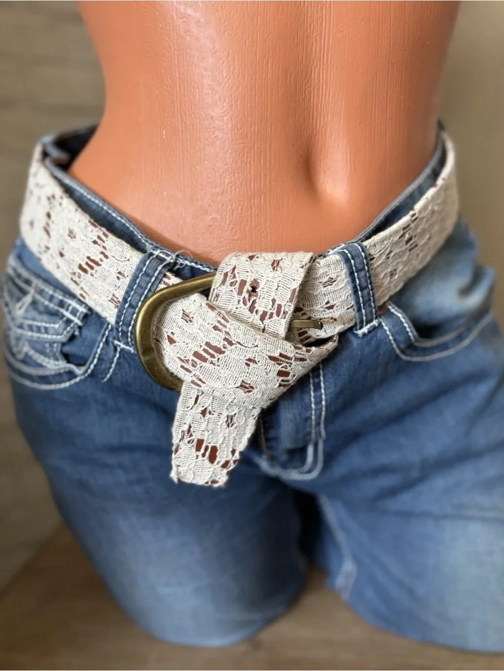 Bohemian Faux Leather Crochet Lace Belt Brown/Cream Sz L  Boho  NWOT!